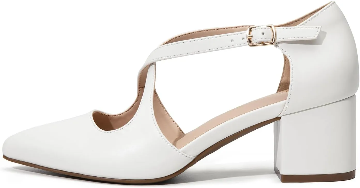 DREAM PAIRS Women's Chunky Heels Dress Pumps Closed Pointed Toe Comfort Cross Strap Block Heel Shoes for Party Dance Wedding