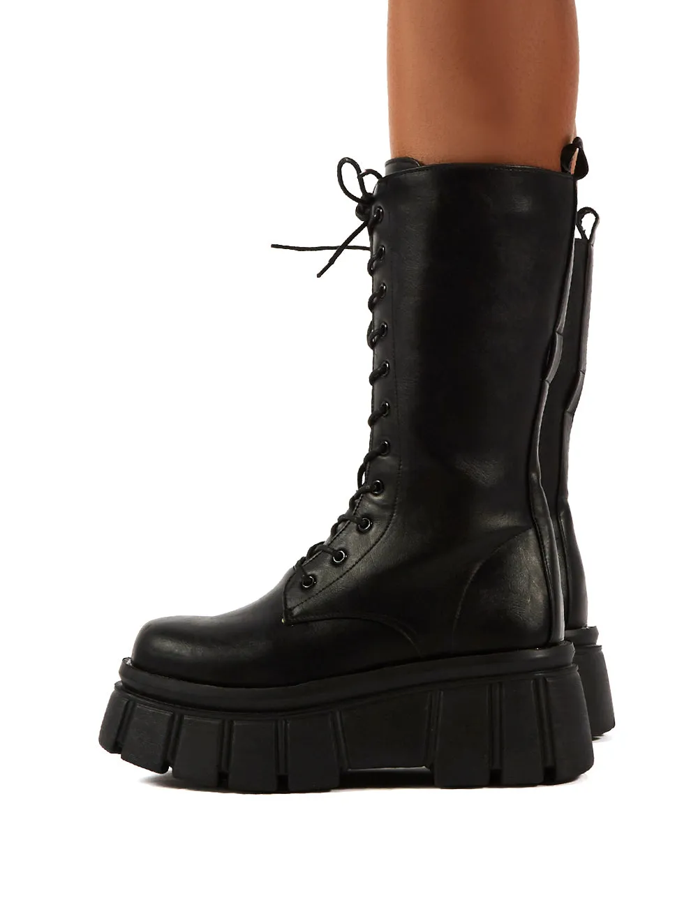 Jena Black Calf High Lace Up Chunky Sole Boots