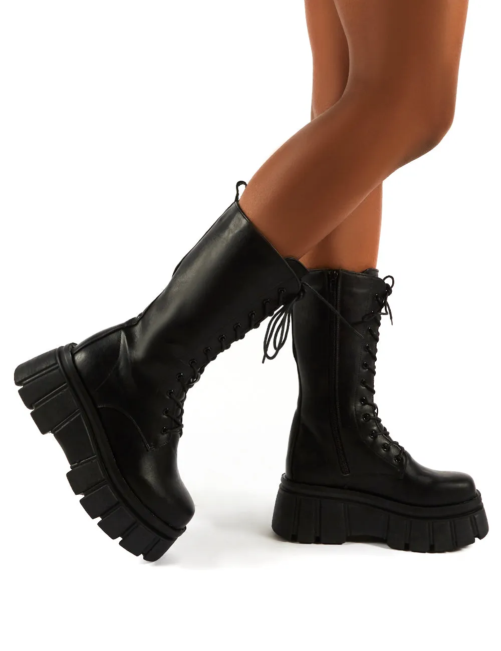 Jena Black Calf High Lace Up Chunky Sole Boots
