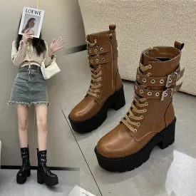 New Foreign Trade plus Size Casual Lace up Belt Buckle All-Match Platform High Heel Fashion Boots Solid Color Personalized Boots
