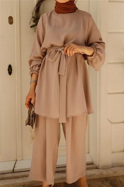 Tie Waist Two Piece Muslimah Suits