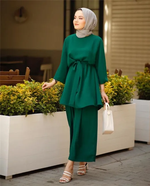 Tie Waist Two Piece Muslimah Suits