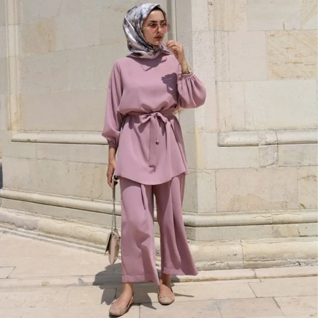 Tie Waist Two Piece Muslimah Suits