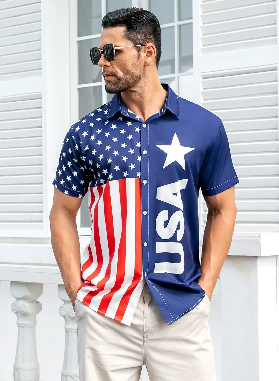 uideazone Mens 4th of July American Flag Patriotic Shirt USA Short Sleeve Button Up Independence Day Shirt M-XXL