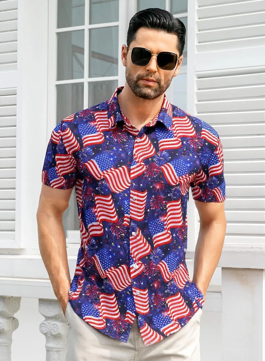 uideazone Mens 4th of July American Flag Patriotic Shirt USA Short Sleeve Button Up Independence Day Shirt M-XXL