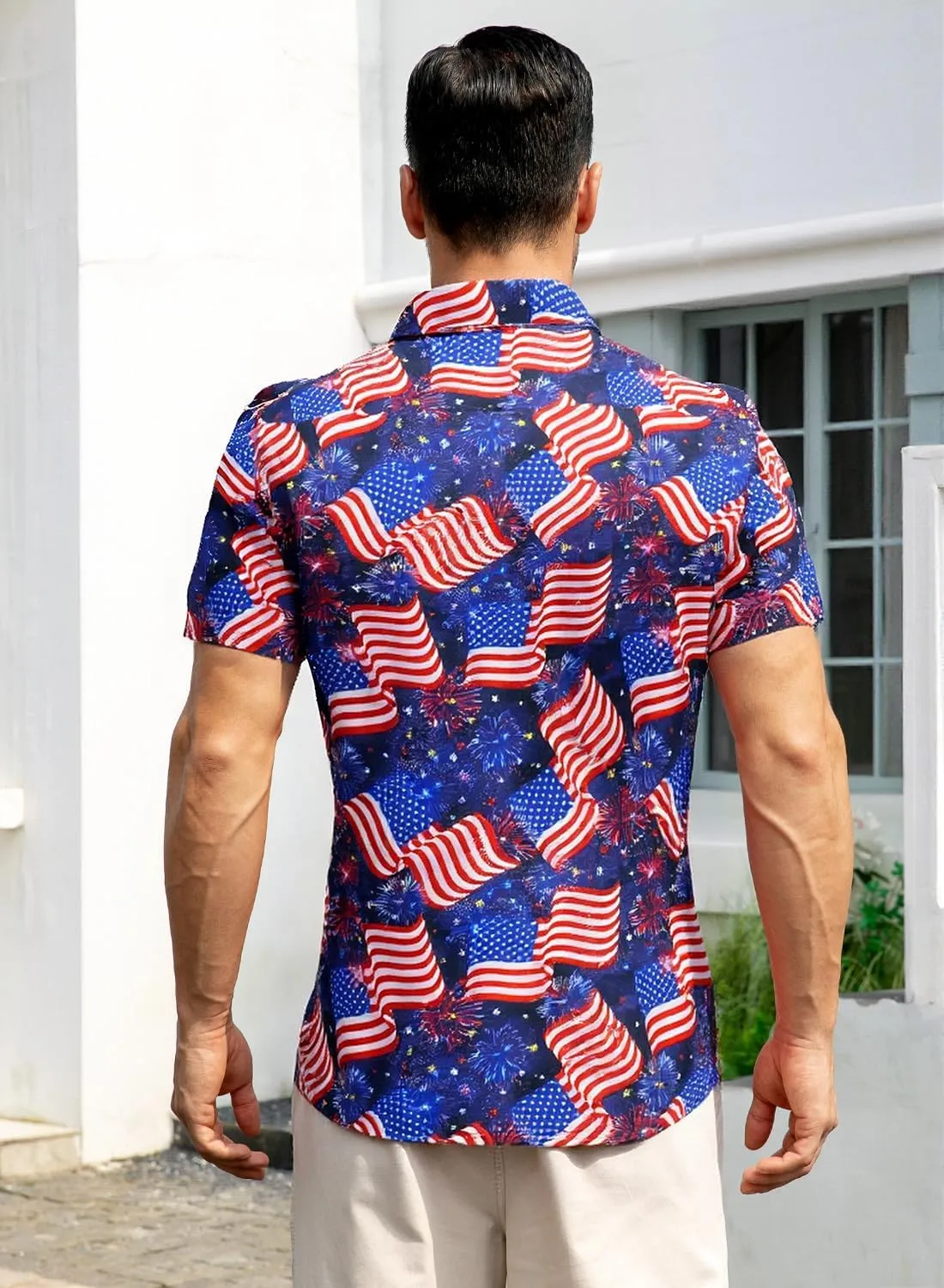 uideazone Mens 4th of July American Flag Patriotic Shirt USA Short Sleeve Button Up Independence Day Shirt M-XXL