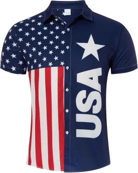 uideazone Mens 4th of July American Flag Patriotic Shirt USA Short Sleeve Button Up Independence Day Shirt M-XXL