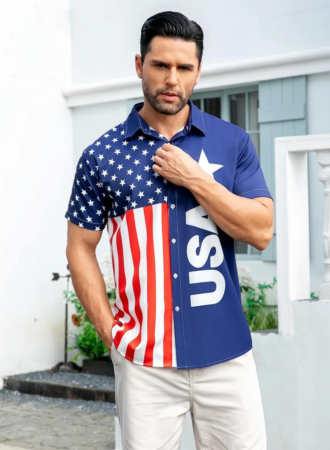 uideazone Mens 4th of July American Flag Patriotic Shirt USA Short Sleeve Button Up Independence Day Shirt M-XXL