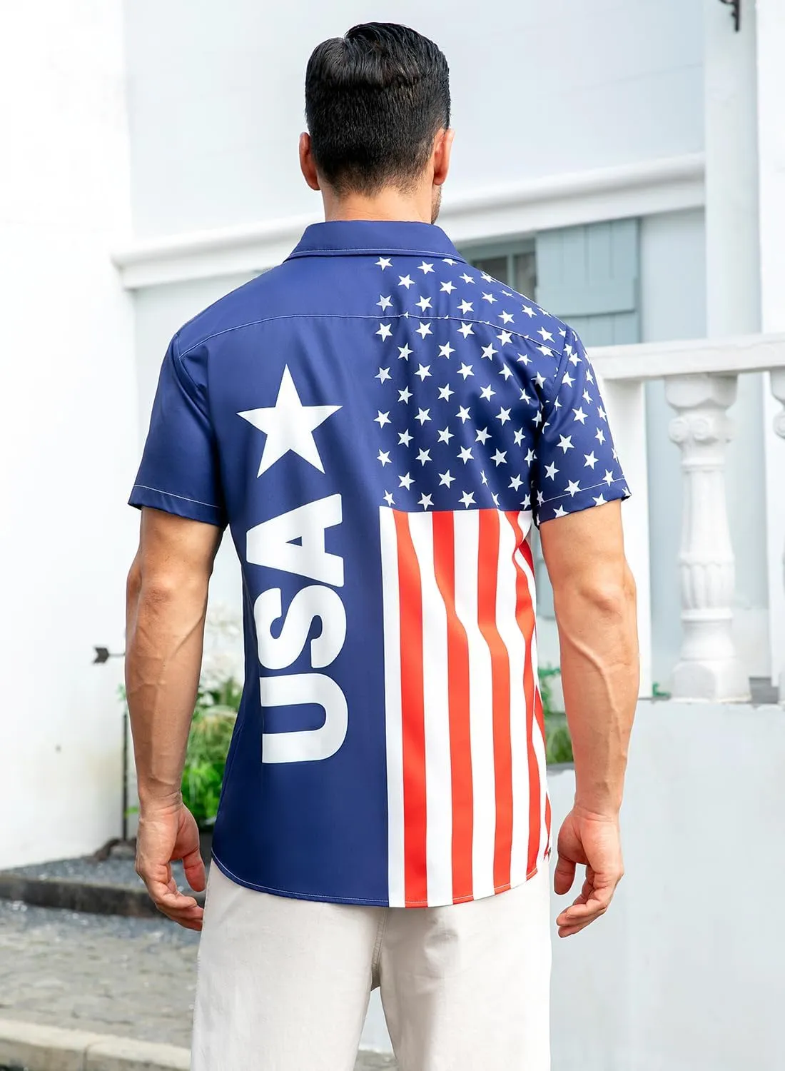 uideazone Mens 4th of July American Flag Patriotic Shirt USA Short Sleeve Button Up Independence Day Shirt M-XXL