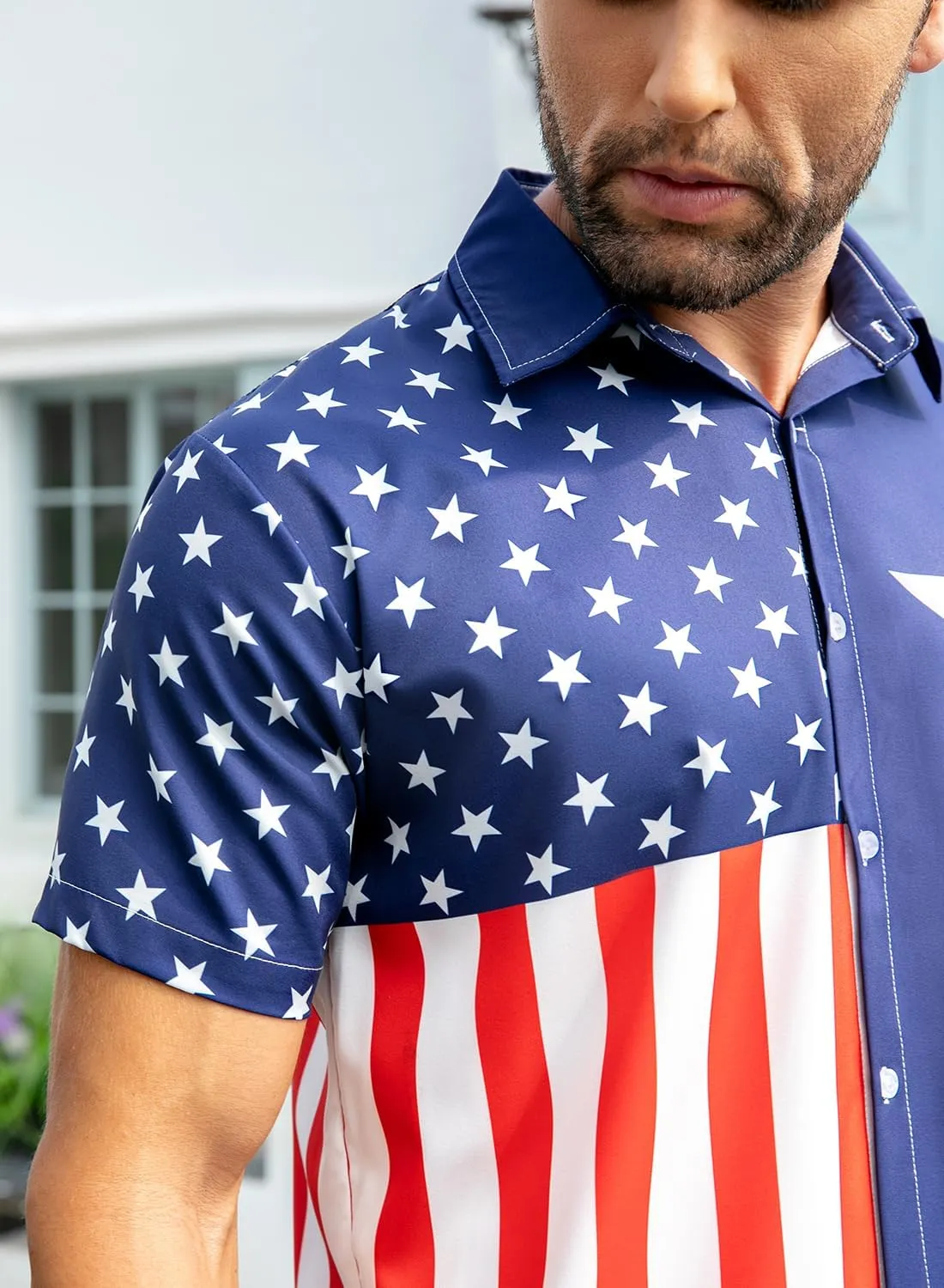 uideazone Mens 4th of July American Flag Patriotic Shirt USA Short Sleeve Button Up Independence Day Shirt M-XXL