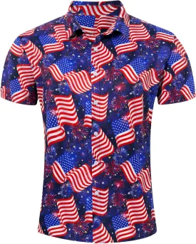 uideazone Mens 4th of July American Flag Patriotic Shirt USA Short Sleeve Button Up Independence Day Shirt M-XXL